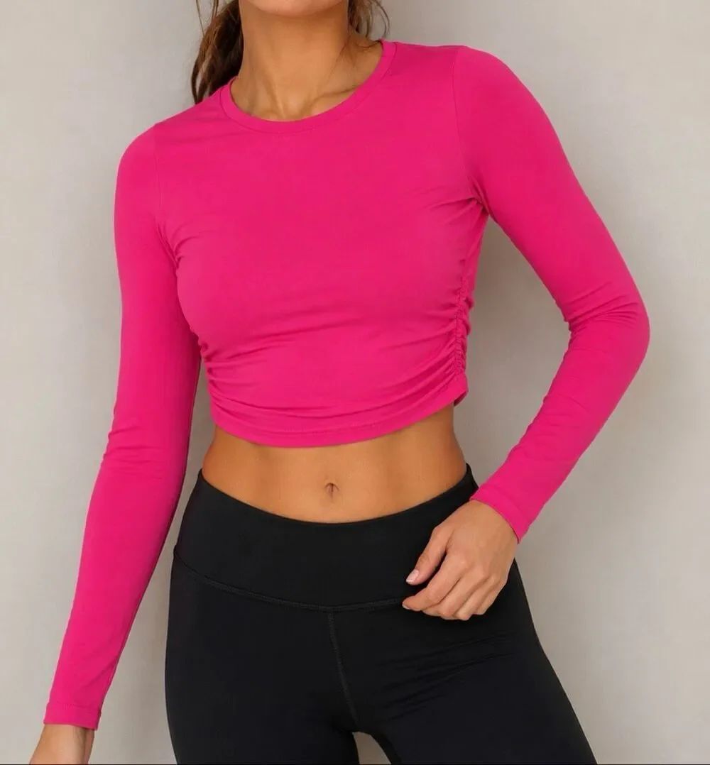 OQQ Hot Pink Ruched Long Sleeve Crop Top Size Small Y2K Activewear